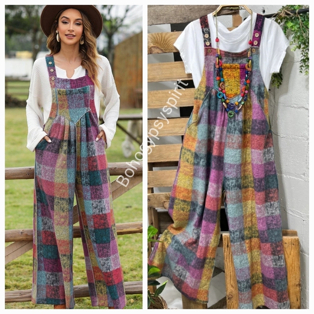 Patchwork Plaid Fleece Wideleg Jumpsuit Overalls - Picture 11 of 16